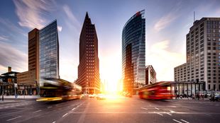 Blurred buses on Potsdamer Platz in Berlin, Germany