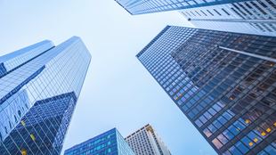 looking up at office buildings